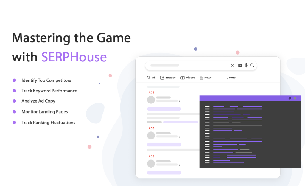 SERPHouse marketing dashboard: competitor research, keyword tracking, ad analysis, landing page monitoring, rank tracking.